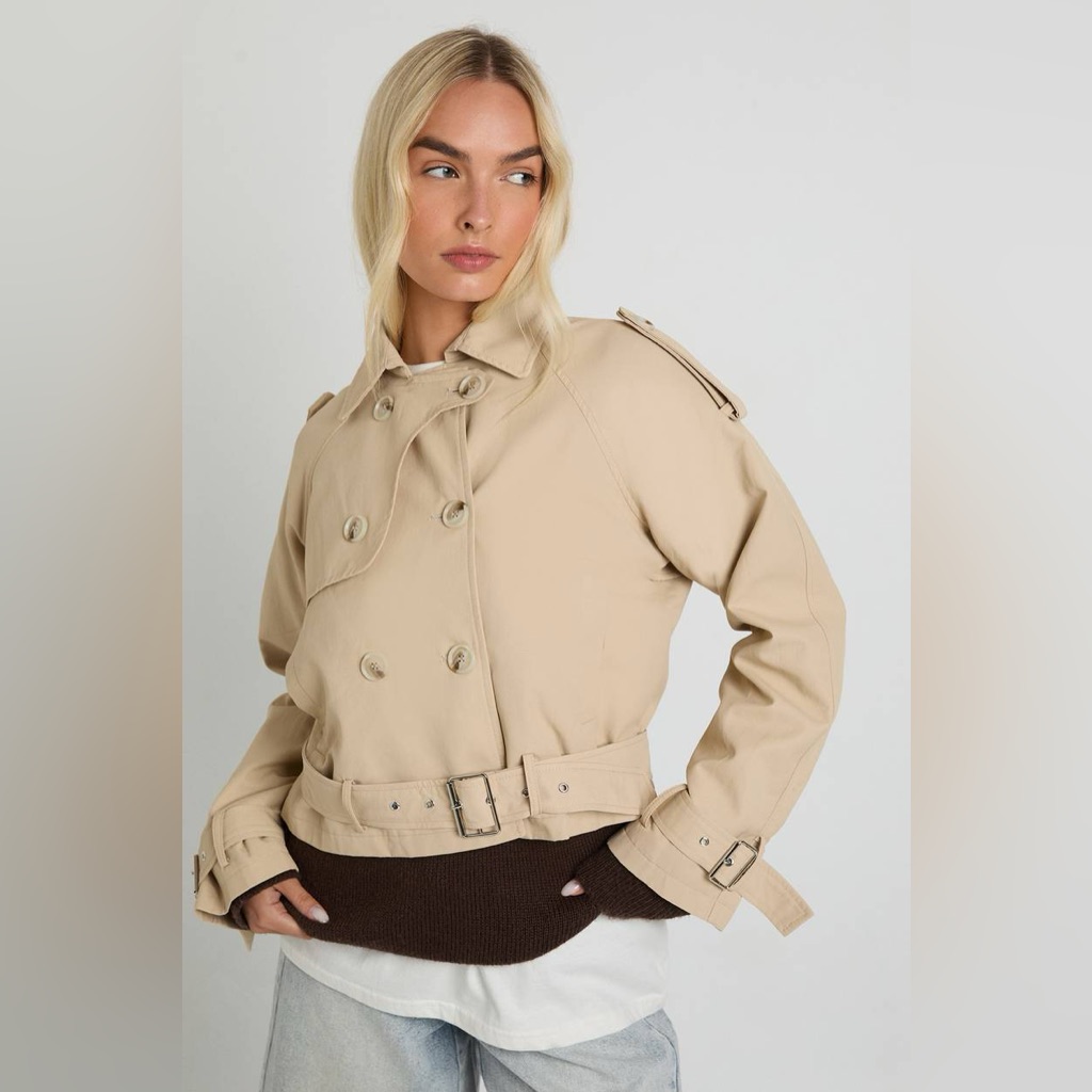 Boohoo Cropped Trench Jacket Beige Belted Short Trench Coat | Nwt Size 4